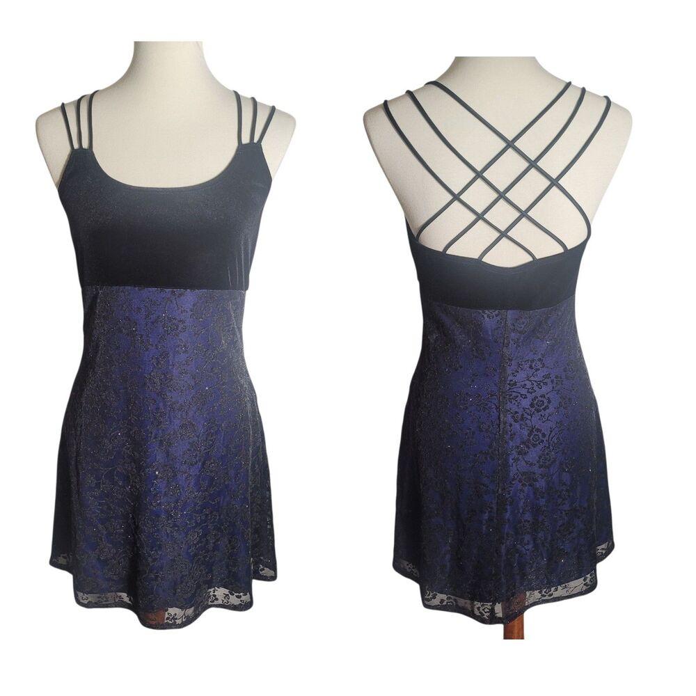 Urban Girl Y2K Velvet Babydoll Dress LG Black Blue Dark Floral Whimsigoth Fairy